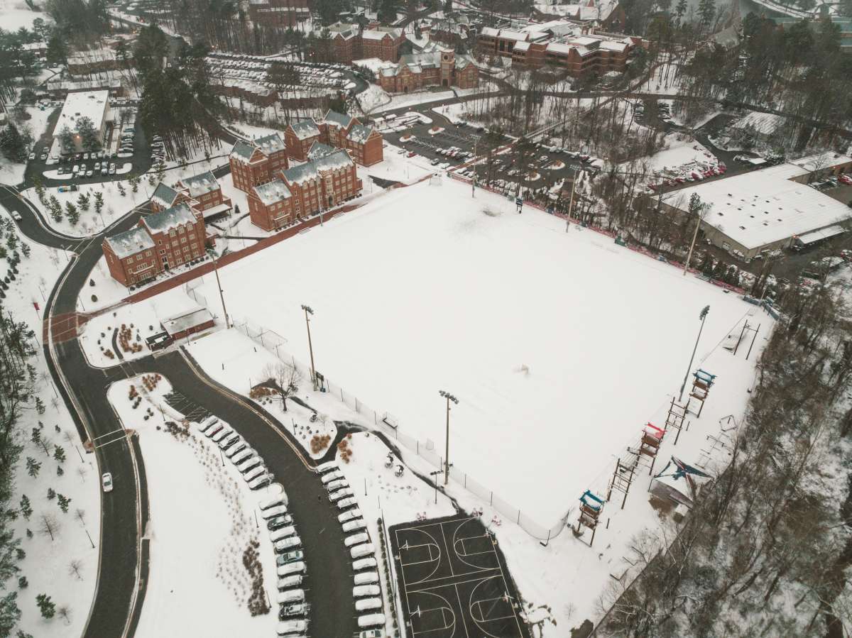 08 University of Richmond UofR - Virginia - Campus School - Lake Winter Snow - Aerial Nature Trail.JPG